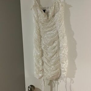 I.N San Francisco split mini ruffle cinched fitted dress white